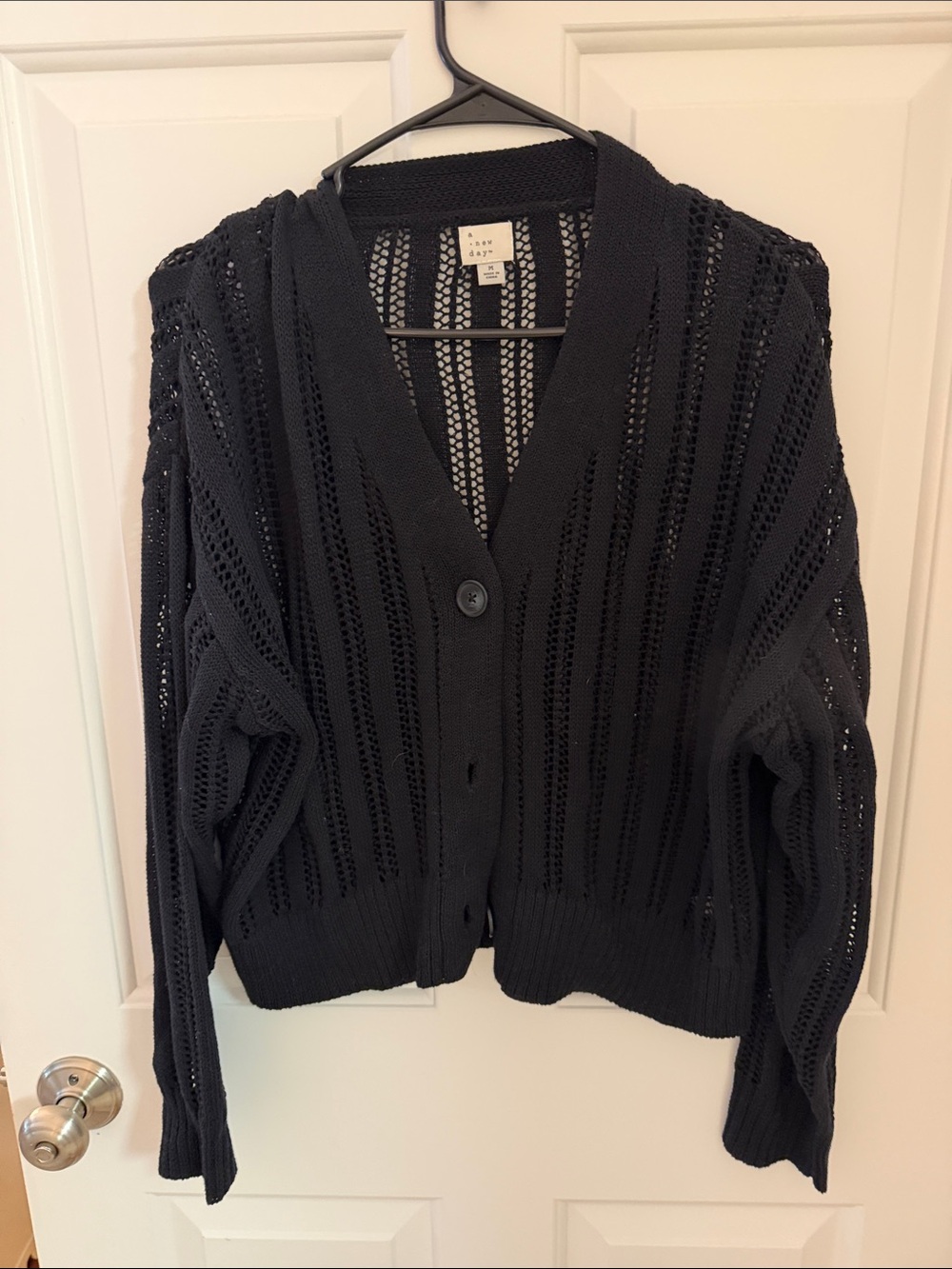 a new day Black Open-Knit V-Neck Button Cardigan